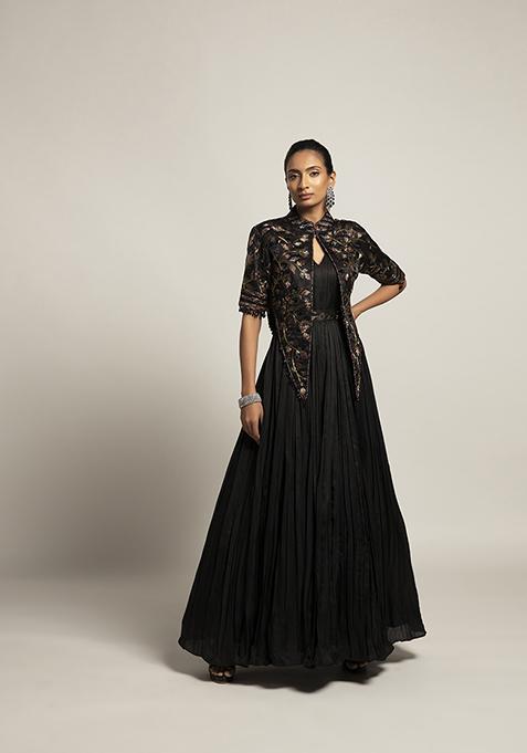 Black Cut Pipe Work Ajrakh Gown