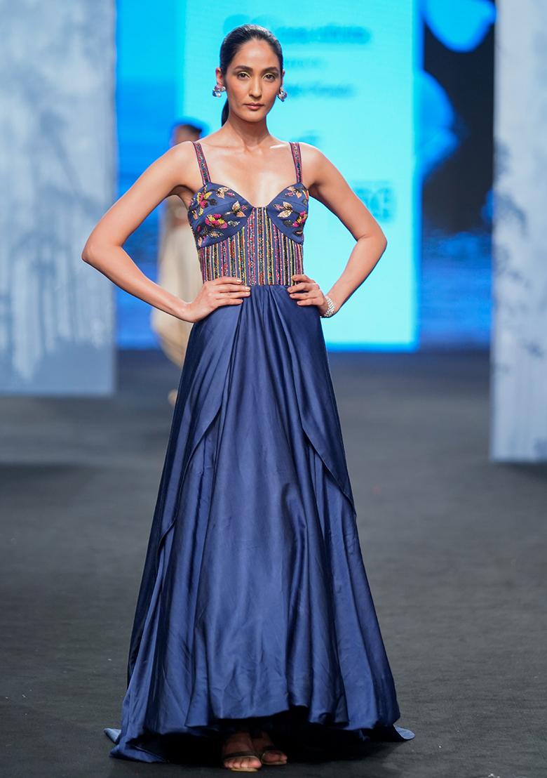 Denim Blue Cutdana Embroidered Ajrakh Gown