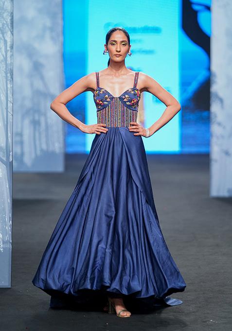 Denim Blue Cutdana Embroidered Ajrakh Gown