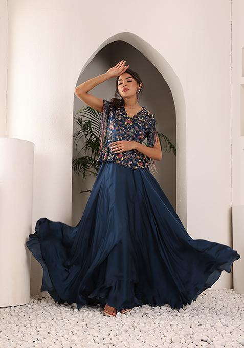 Cobalt Blue Cutdana Embroidered Mashru Silk Gown