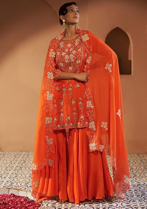 Orange Zari And Pearl Embroidered Plumeria Sharara Suit Set
