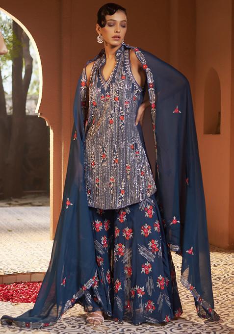 Blue Floral Resham Embroidered Orchid Sharara Suit Set