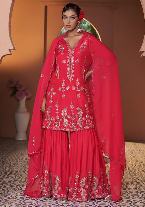 Pink Zari And Sequin Embroidered Dahlia Sharara Suit Set