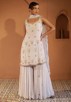 Light Grey Zari And Sequin Embroidered Orchid Sharara Suit Set