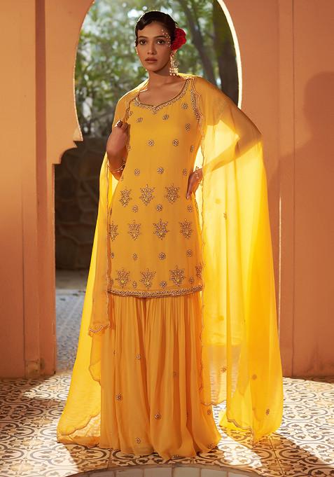 Yellow Zari Resham Embroidered Daffodil Sharara Suit Set