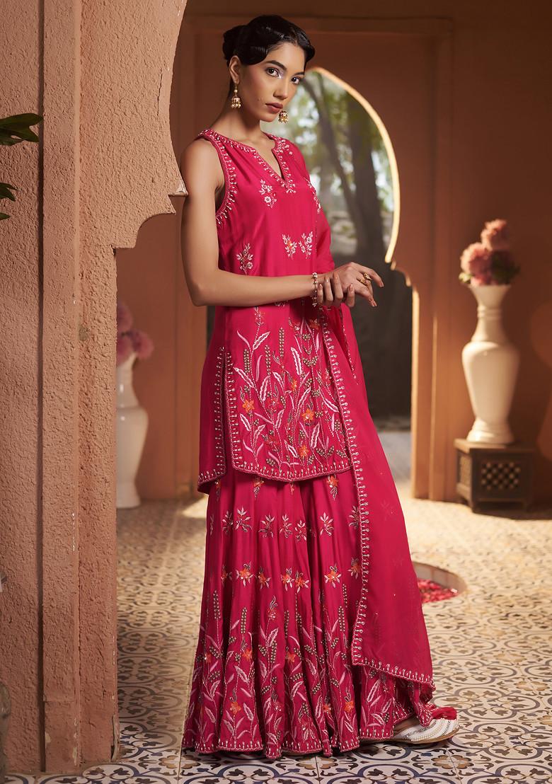 Georgettte Frilled Sharara Set Embellished With Resham Embroidery & Mirror Work, laces