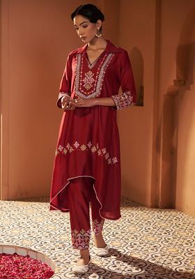 Maroon Sequin Resham Embroidered High Low Kurta Set