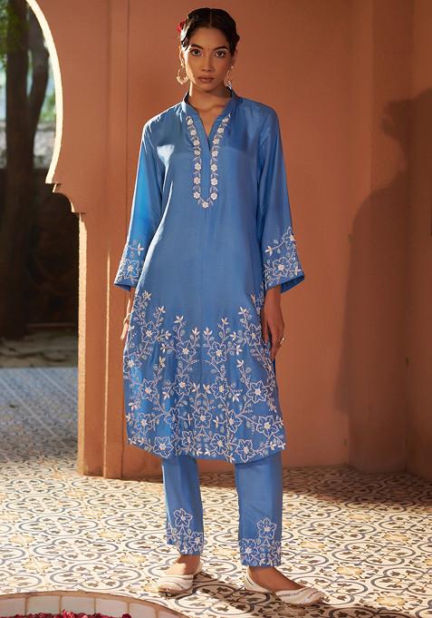 Blue Sequin And Pearl Resham Embroidered Kurta Set