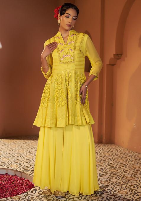 Yellow Sequin Resham Embroidered Peplum Top And Sharara Set