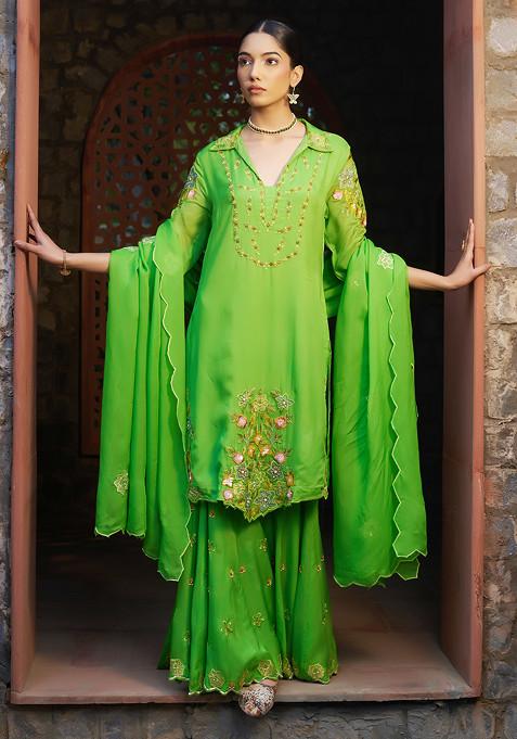 Green Sequin And Pearl Embroidered Blossom Sharara Suit Set