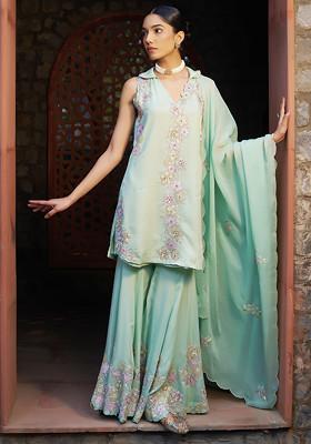 Aqua Green Sequin Pearl Embroidered Sharara Suit Set