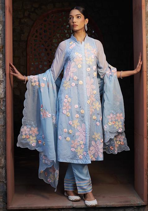 Celestial Blue Floral Cutdana Embroidered Suit Set