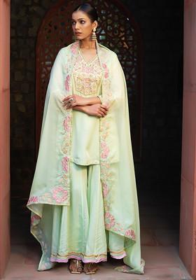 Light Green Zari Cutdana Embroidered Sharara Suit Set