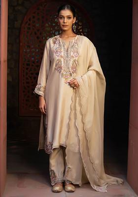 Beige Zari Cutdana Embroidered Kurta Set