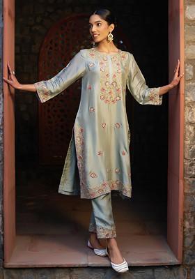 Grey Olive Floral Resham Embroidered Kurta Set