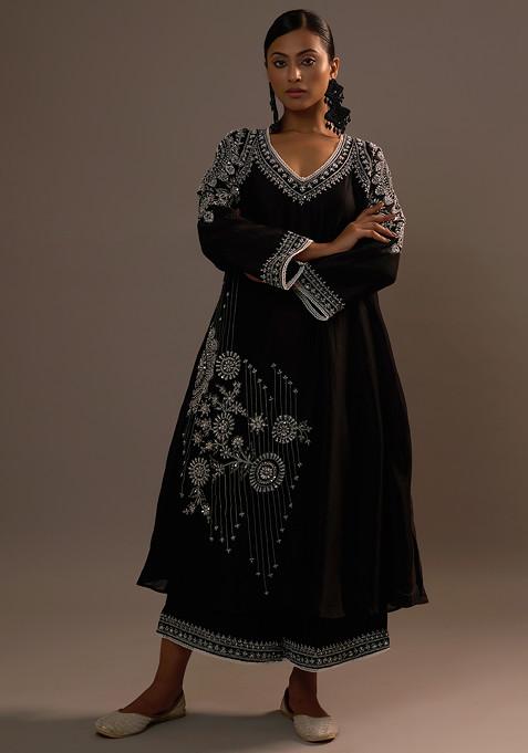 Black Embroidered Pankhudi Long Kurta Set