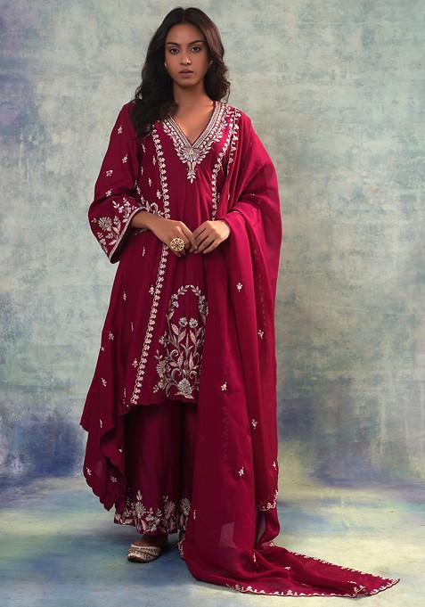 Wine Zari Floral Embroidered Grace Suit Set