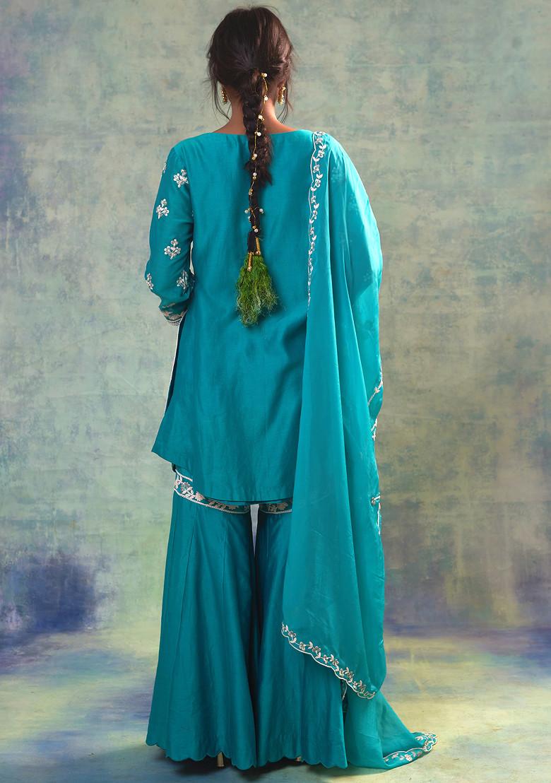 Buy Women Teal Floral Embroidered Gharara Suit Set - WLK00050 - Kurta ...