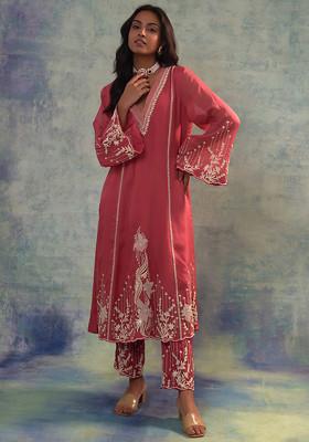 Pink Floral Hand Embroidered Organza Long Kurta Set
