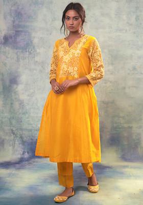 Yellow Floral Hand Embroidered Kurta Set
