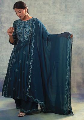 Teal Blue Floral Hand Embroidered Palazzo Suit Set