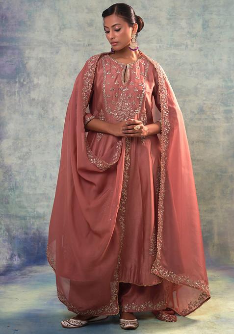 Dusty Pink Floral Hand Embroidered Palazzo Suit Set