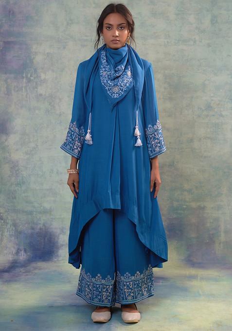 Blue Floral Embroidered High Low Muslin Kurta And Pants Set