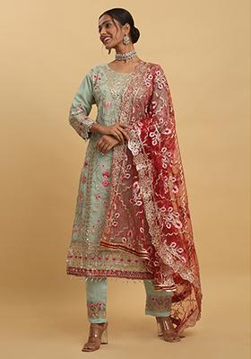 Pastel Green Floral Embroidered Silk Kurta Set