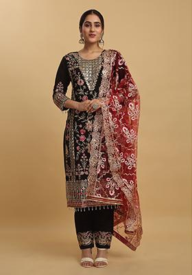 Black Floral Embroidered Silk Kurta Set