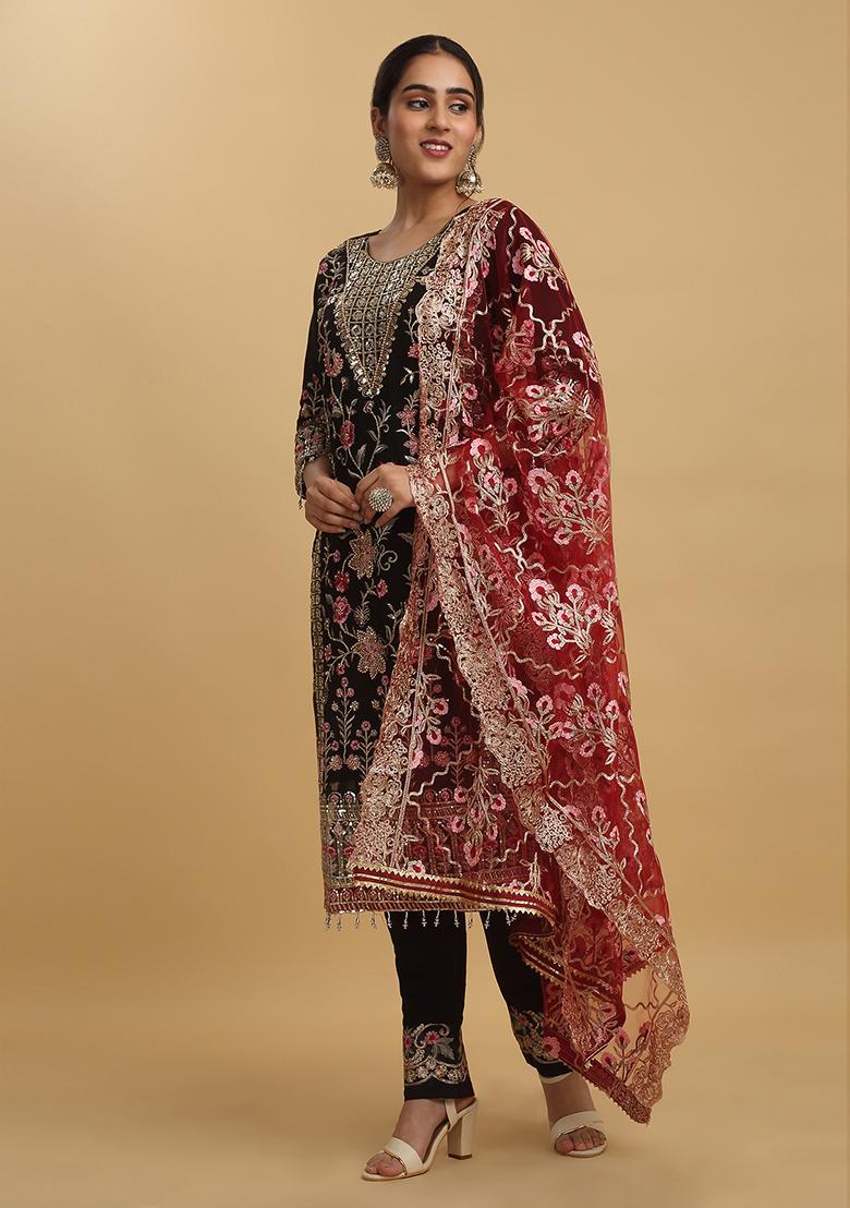 Black Floral Embroidered Silk Kurta Set - Indya