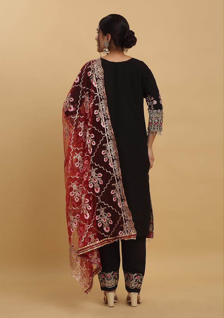 Black Floral Embroidered Silk Kurta Set - Indya