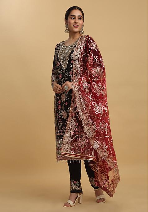 Floral Embroidered Silk Blend Kurta Set