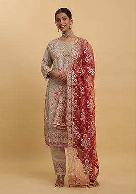 Beige Floral Embroidered Silk Kurta Set