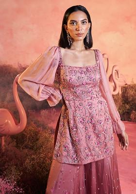 Pink Swan Embroidered Sharara Set