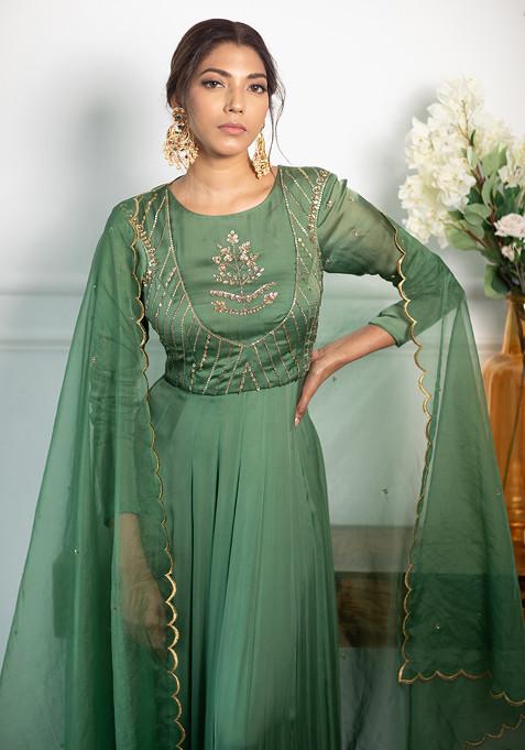 Buy Women Green Embroidered Anarkali Set - Wedding Guest - Indya