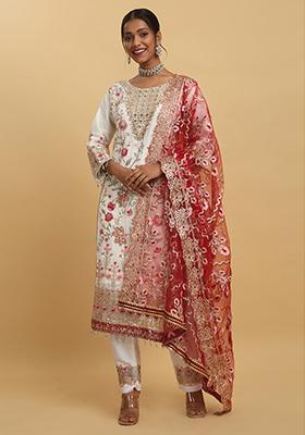 White Floral Embroidered Silk Kurta Set