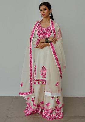 Ivory Chanderi Aari Embroidered Sharara And Kurta Set