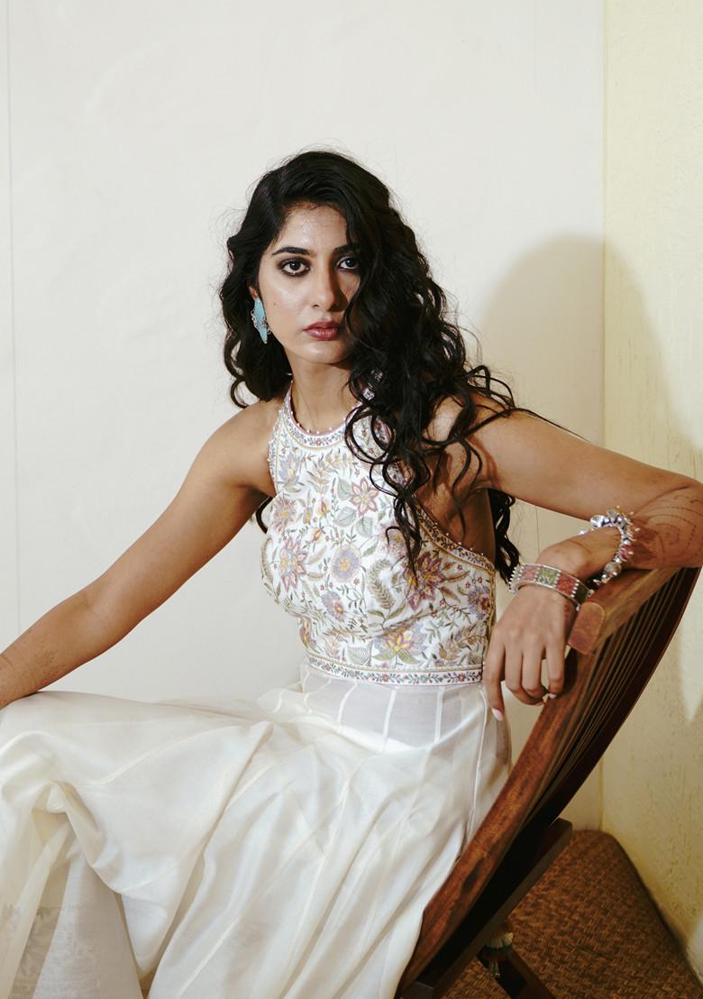 Ivory Chanderi Resham Embroidered Anarkali Set - Indya