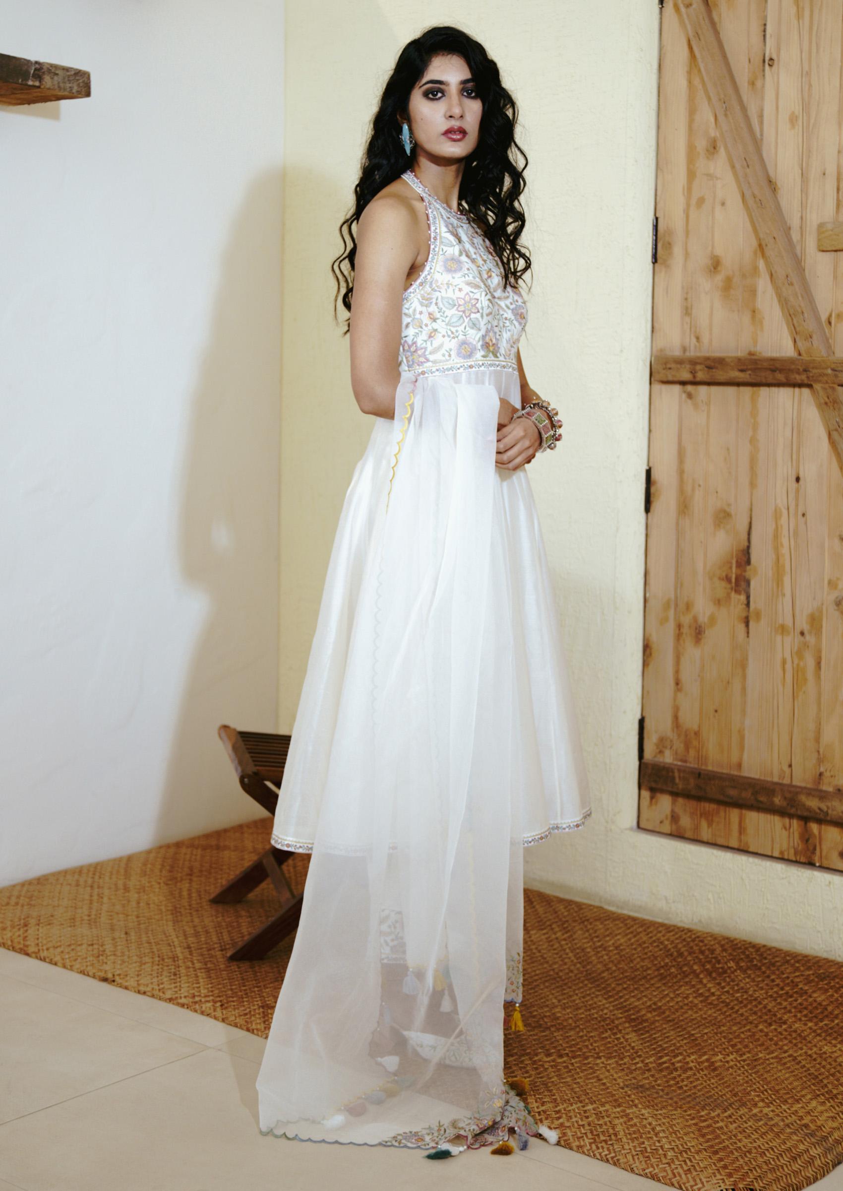 Ivory Chanderi Resham Embroidered Anarkali Set - Indya