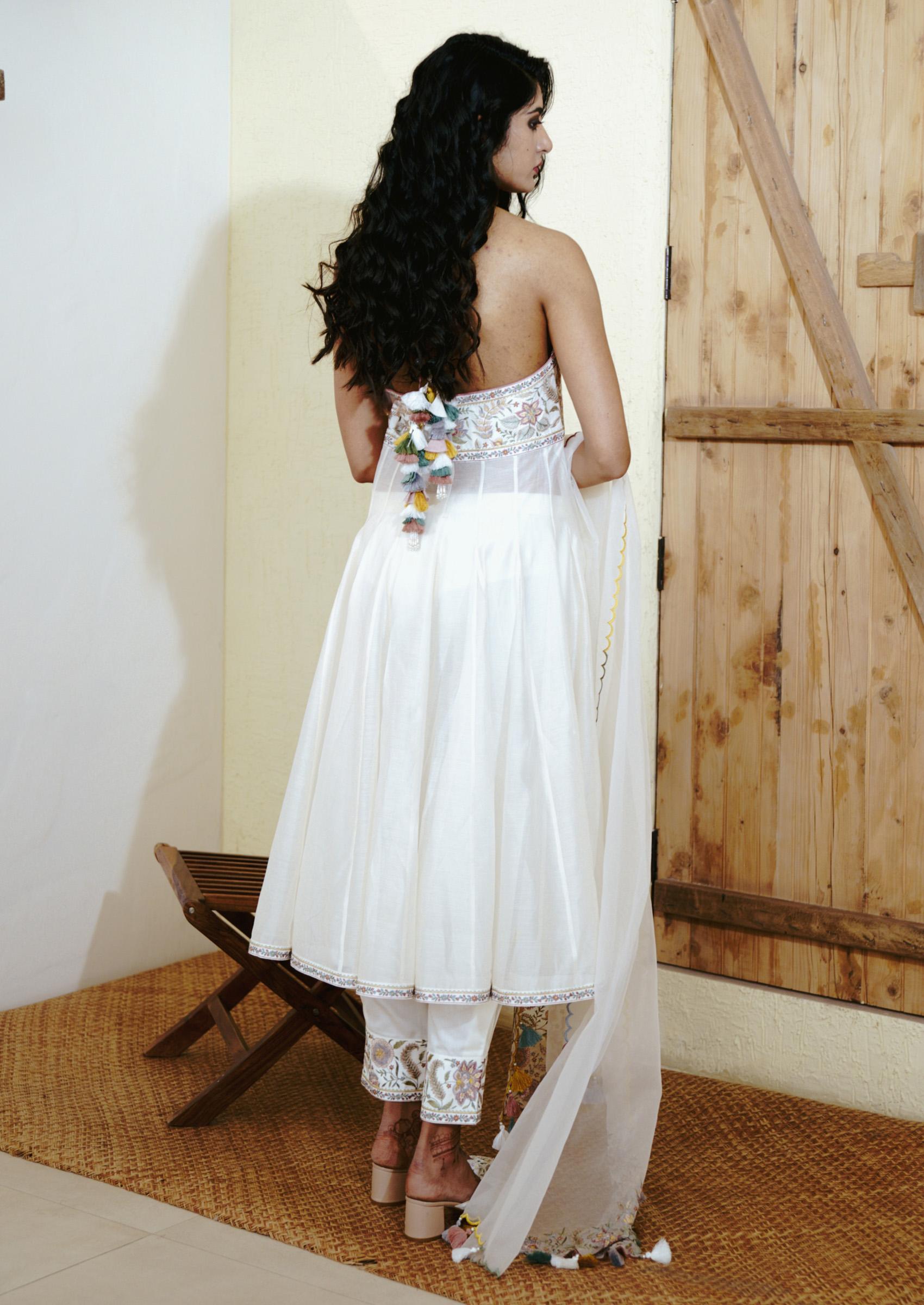 Ivory Chanderi Resham Embroidered Anarkali Set - Indya