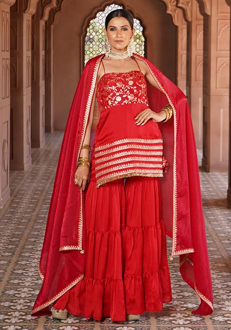 Red Embroidered Satin Sabrina Sharara Set