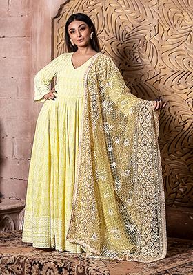 Yellow Embroidered Chikankari Falak Anarkali And Dupatta Set