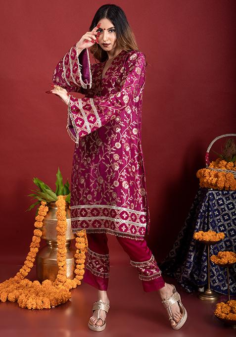 Deep Blue Floral Pattern Meena Pakistani Kurta Set