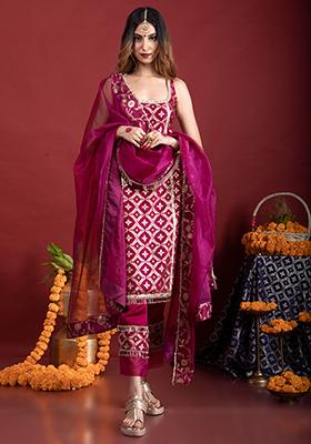 Plum Purple Floral Pattern Brocade Kurta Set