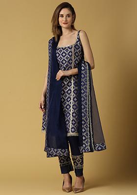 Deep Blue Floral Pattern Brocade Kala Kurta Set