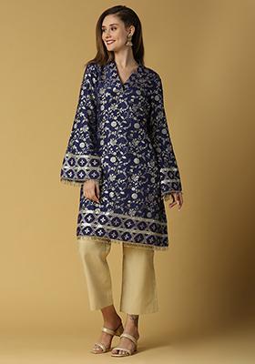 Deep Blue Floral Woven Kavya Pakistani Kurta Set
