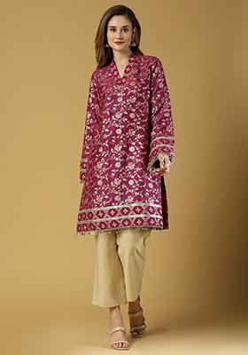 Plum Purple Floral Woven Kavya Pakistani Kurta Set