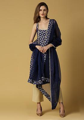 Deep Blue Floral Woven Brocade Radha Kurta Set
