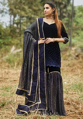 Blue Embroidered Velvet Ursula Kurta Set