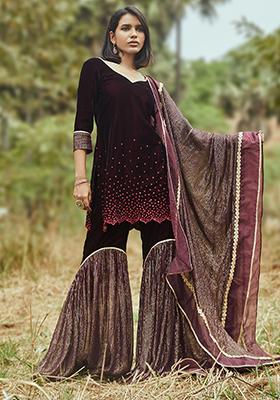 Wine Embroidered Velvet Ursula Kurta Set